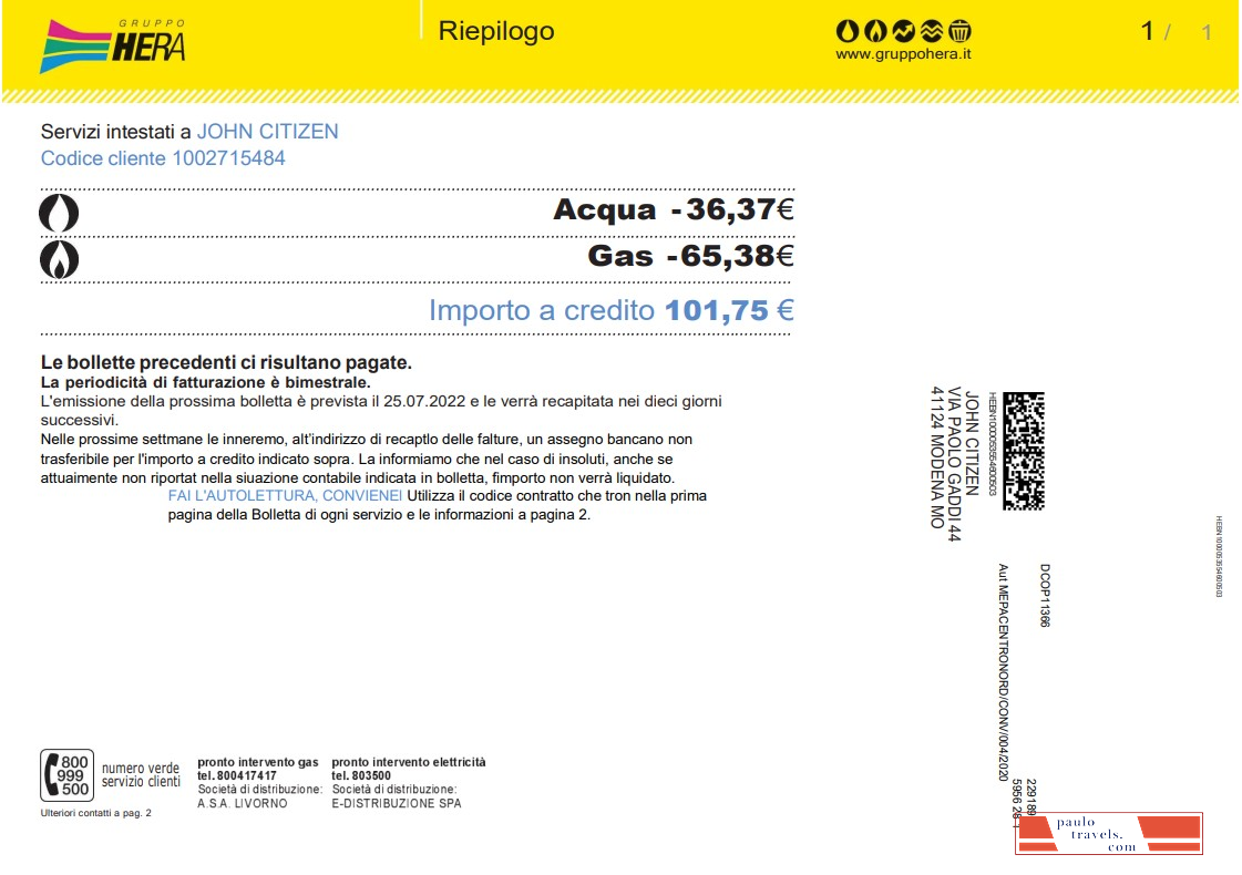 Italy Gruppo Hera utility bill, Word and PDF template